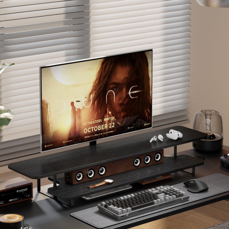 Desk Setup For Laptop And Monitor - Monitorstandaard met walnoot afwerking Massief houten