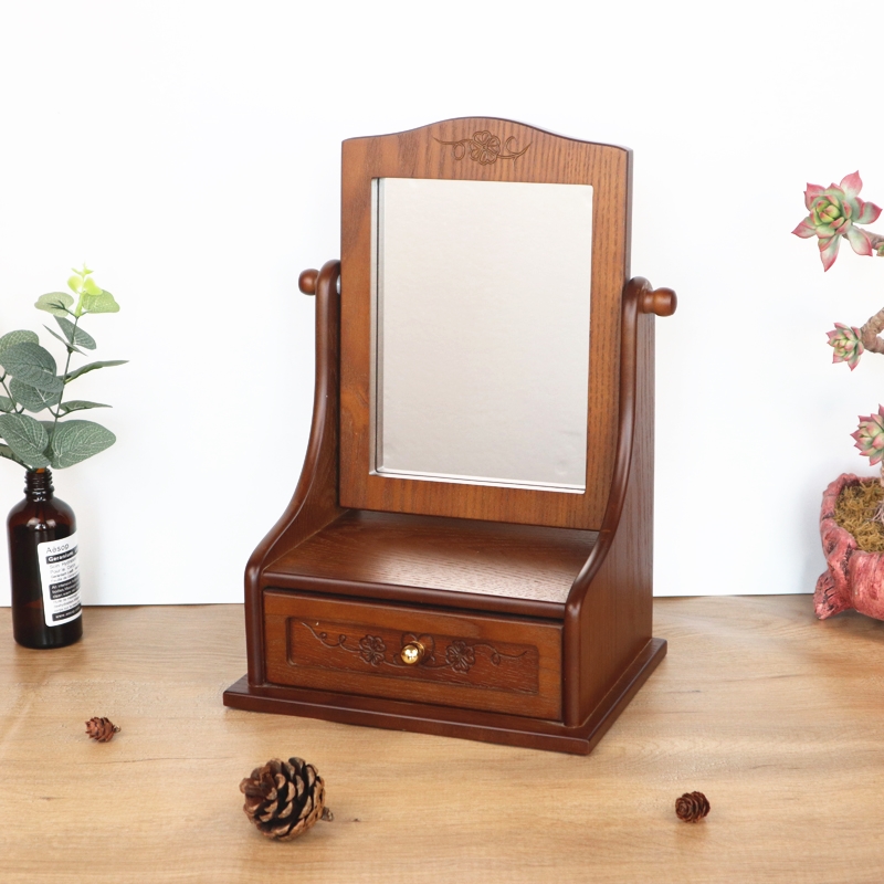 Desk Setup Vintage - Houten bureaublad make-upspiegel opbergorganisator Vintage kaptafel