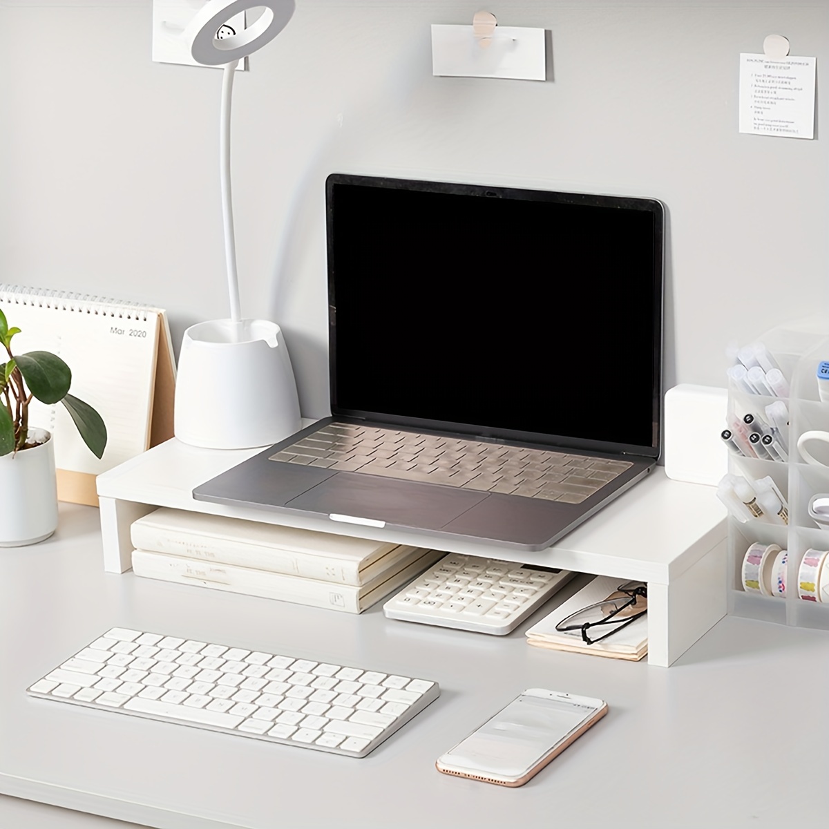 Desk Setup Riser - Minimalistische witte MDF monitorstandaard, bureau-opbergplank voor