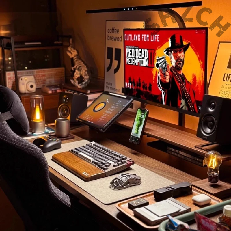 Desk Setup For Laptop And Monitor - Modulaire monitorstandaard van walnoot voor ergonomische