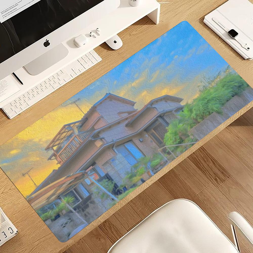 Desk View Setup - Stedelijk straatscène olieverfschilderij muismat kantoordecoratie gaming